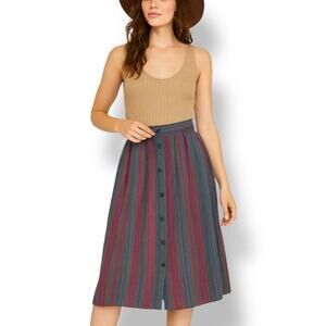 Vintage 70s Striped Blue Multicolor Midi Skirt Fashion Conspiracy Button Front